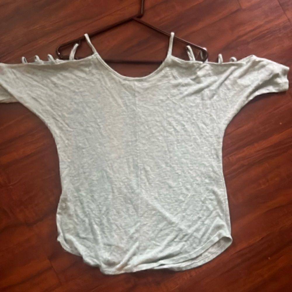 Sea Green Top - Sweater Like Material - Open Shoulder Short Sleeve